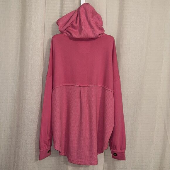 AE Raspberry Peak Pink Waffle Knit Big Hug Oversized Button Hooded Shacket - Picture 8 of 16
